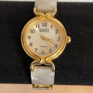 Badavici Gold Tone & Pearlized Rectangle Link Watch w/ Round Face